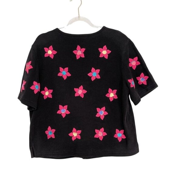 Bechamel Floral Cardigan Womens Size Medium Black Pink Knit Cotton Short Sleeve - Picture 7 of 10